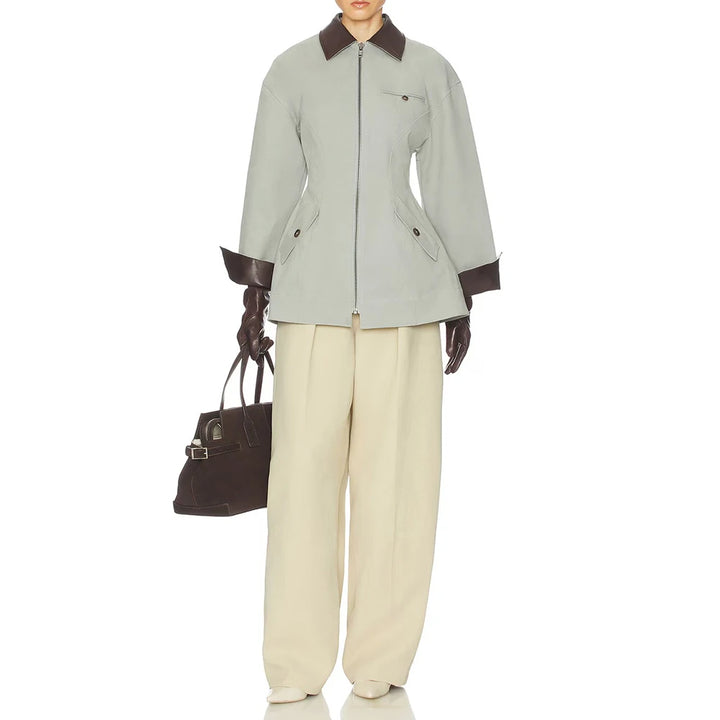 Women’s slim-fit lapel zipper jacket in sage green with brown-trim cuffs and collar