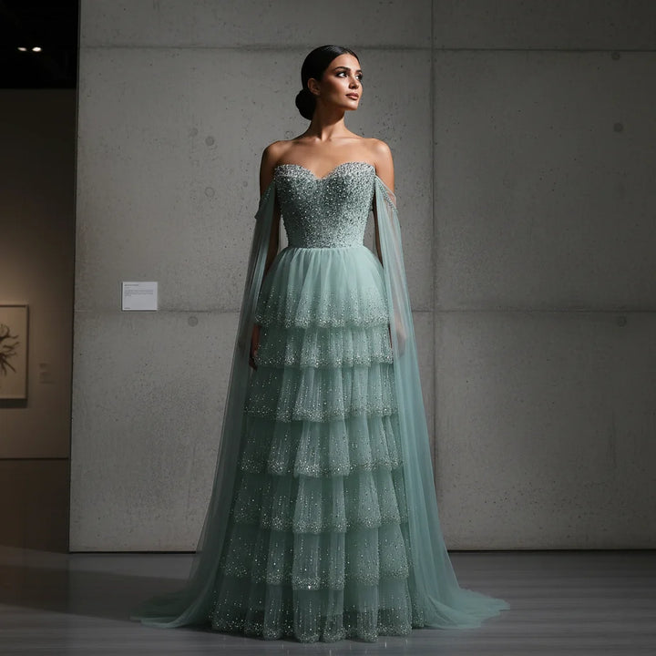Charming Beaded Tiered Arabic Evening Gown