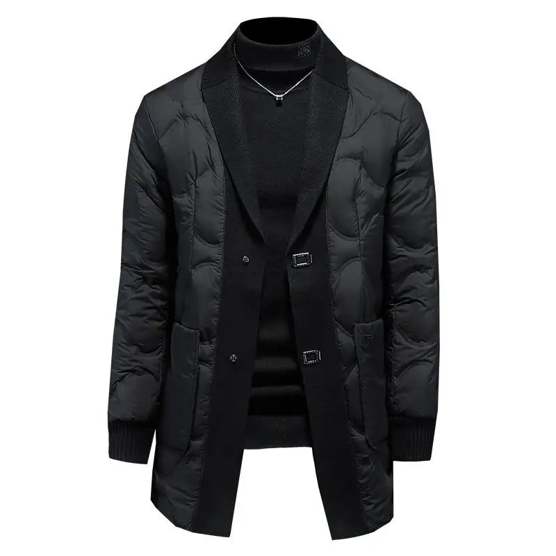 Black mid-length quilted coat with notch lapels and front button closure