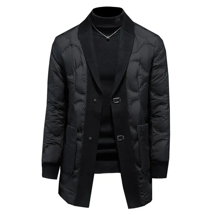Black mid-length quilted coat with notch lapels and front button closure