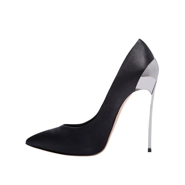 Black pointed-toe slip-on pumps with tall silver stiletto heel