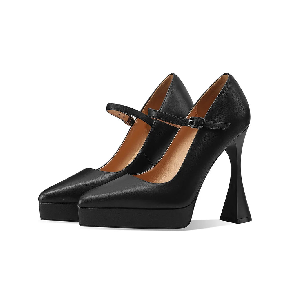 Black pumps with ankle strap and buckle, chunky block heel and platform