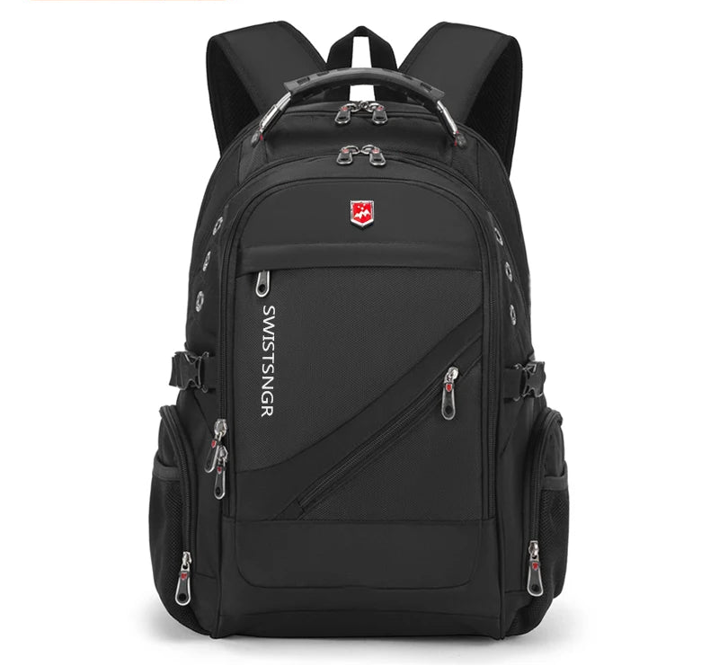 Black waterproof laptop backpack with front zip pockets and padded shoulder straps, 17-inch size