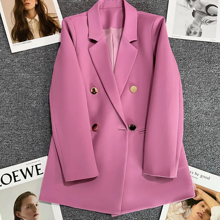 Pink double-breasted blazer with notched turn-down collar and gold-tone buttons