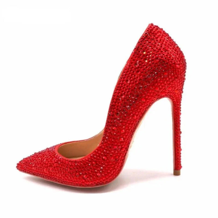 Red rhinestone pointed-toe high heel pump with stiletto heel