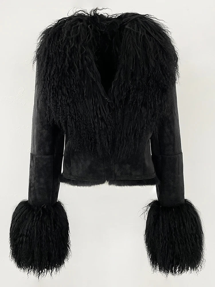 Black suede wool fur coat with plush fur cuffs