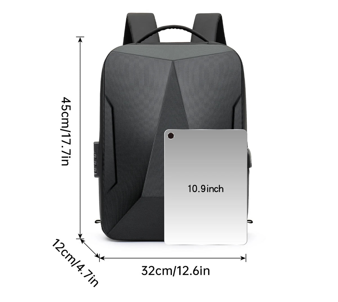 Black hard shell expandable backpack front view with laptop-sized pocket