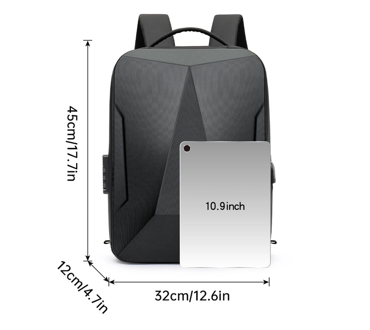 Black hard shell expandable backpack front view with laptop-sized pocket