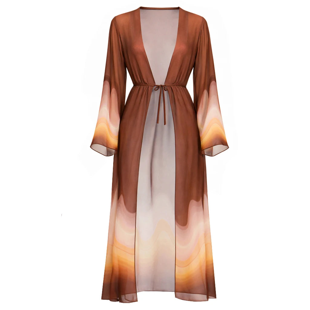 Brown wave-pattern long kimono-style cover-up with tie waist and deep V neckline