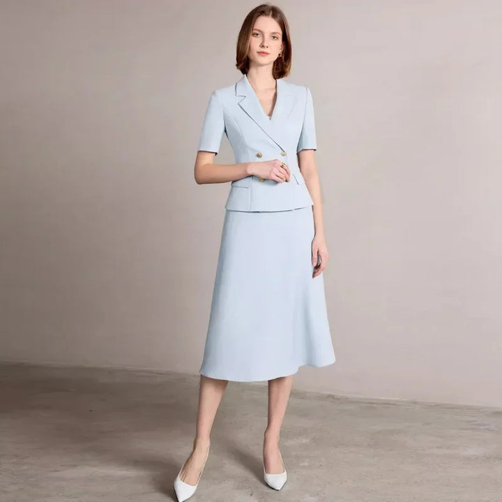 Light blue blazer and midi skirt set with V-neck and gold button front