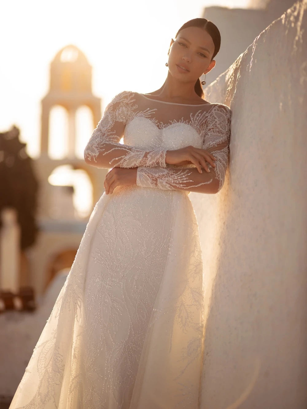 Modest Sparkling Wedding Dress With Detachable Tail