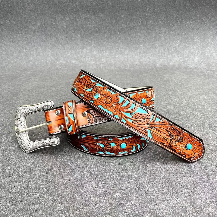 Western Style Carved Leather Belt