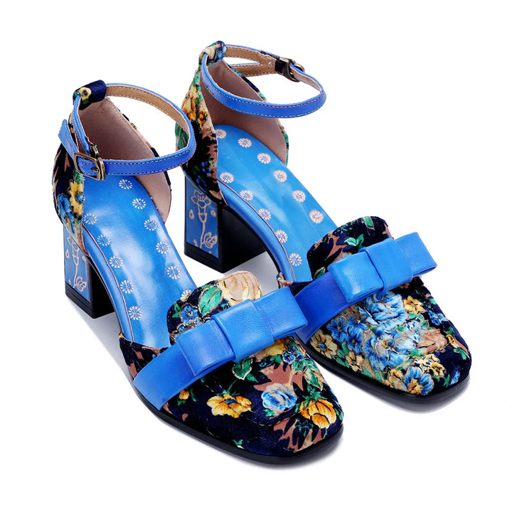 Blue and floral high-heel sandals with ankle strap and double buckle strap