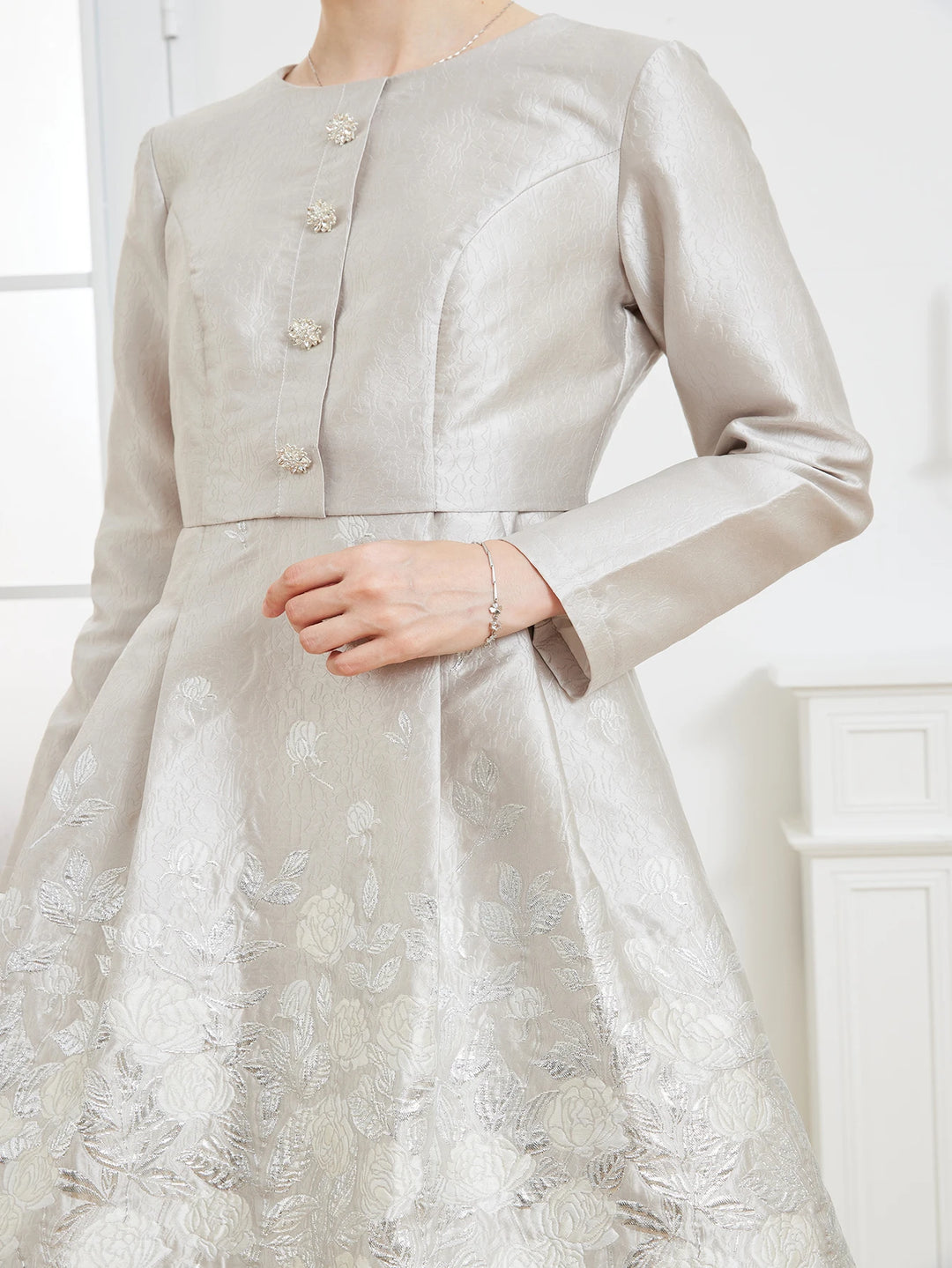 Elegant Floral Embroidery French Midi Gown