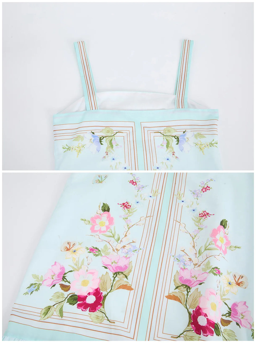 Mint blue floral skirt close-up with striped border, pink blossoms, ruffled hem