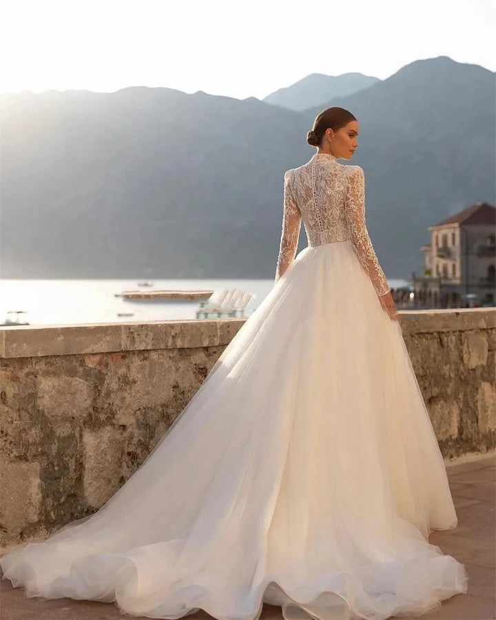 Charming High Collar Princess Wedding Gown