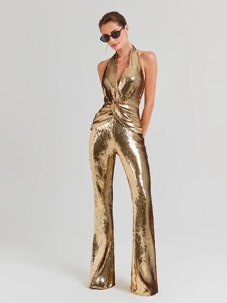 Gold Sequins Wide Leg Jumpsuit