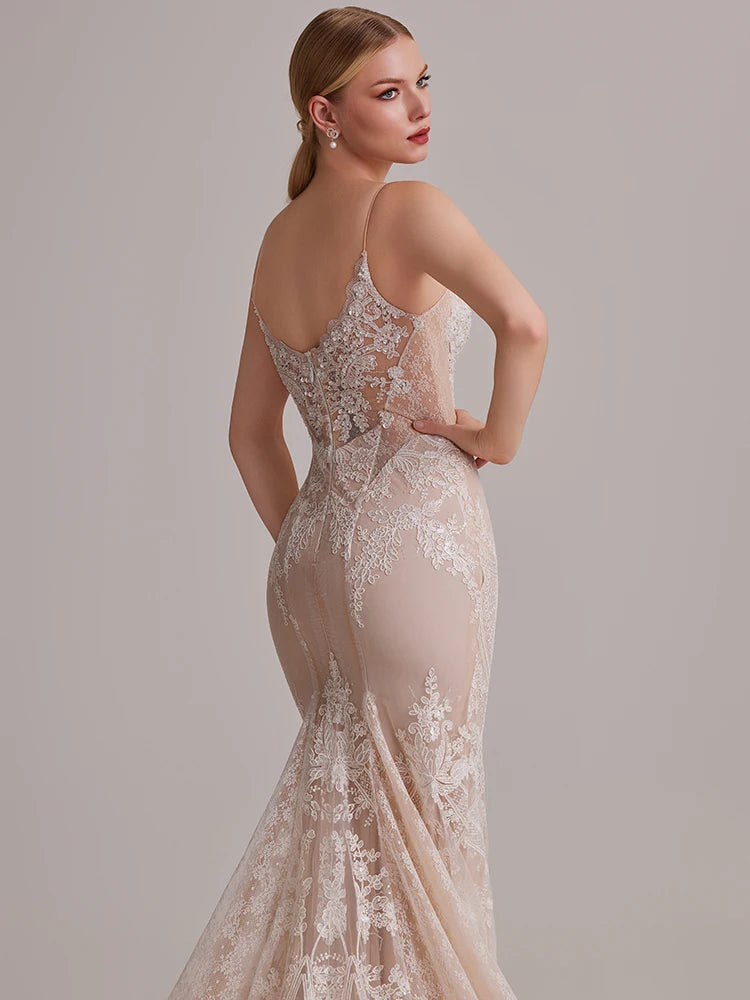Elegant Suspender Deep V-backless Wedding Dress