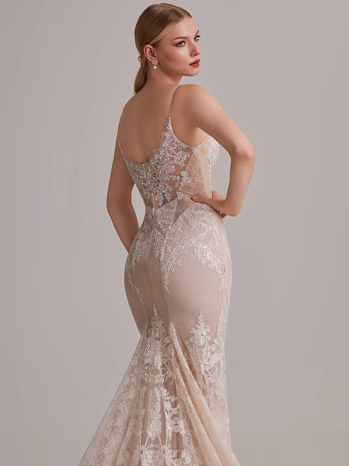 Elegant Suspender Deep V-backless Wedding Dress