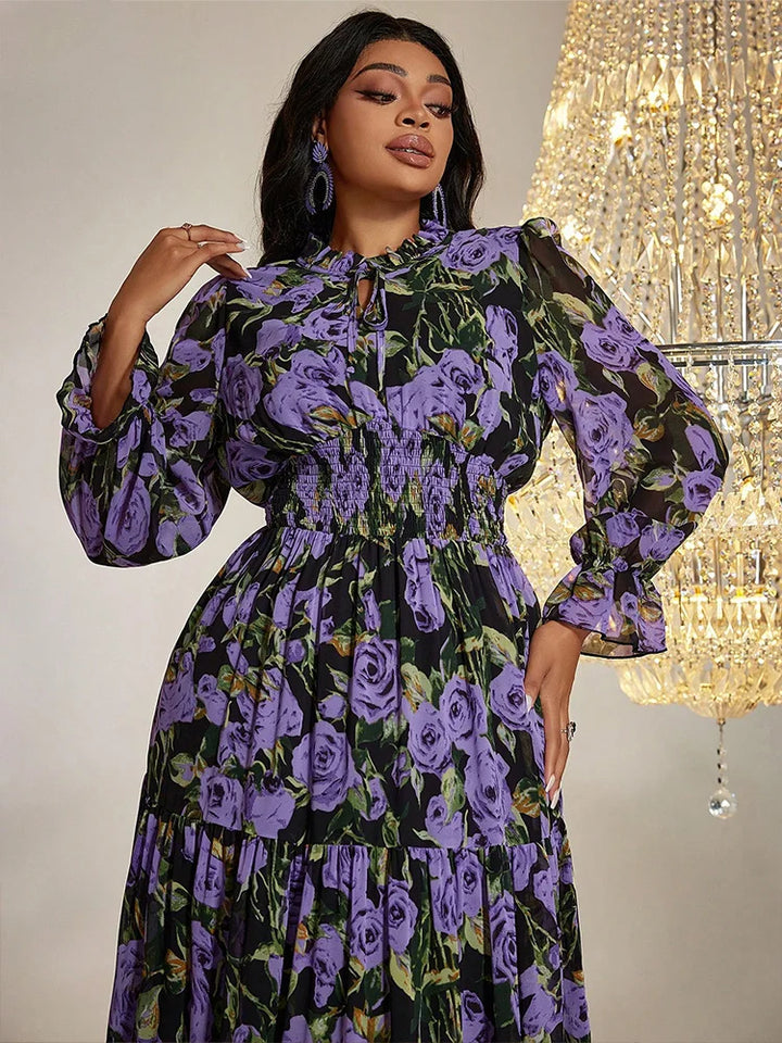 Vintage Print Plus Size Chiffon Maxi Dress