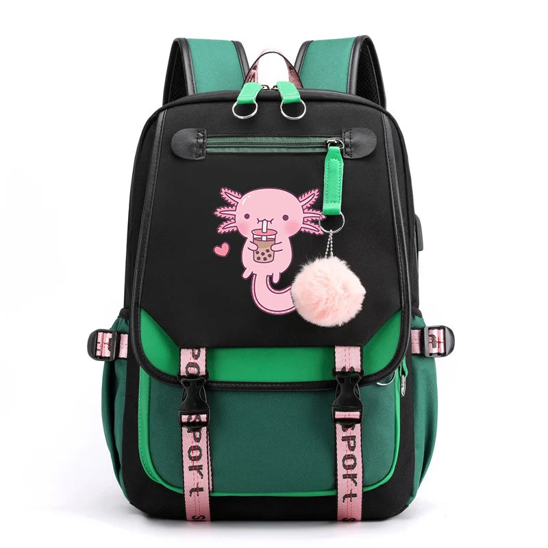 Black and green travel backpack with pink cartoon character and fuzzy pom-pom front