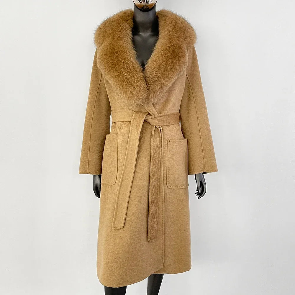 Elegant Natural Wool Fur Long Coat