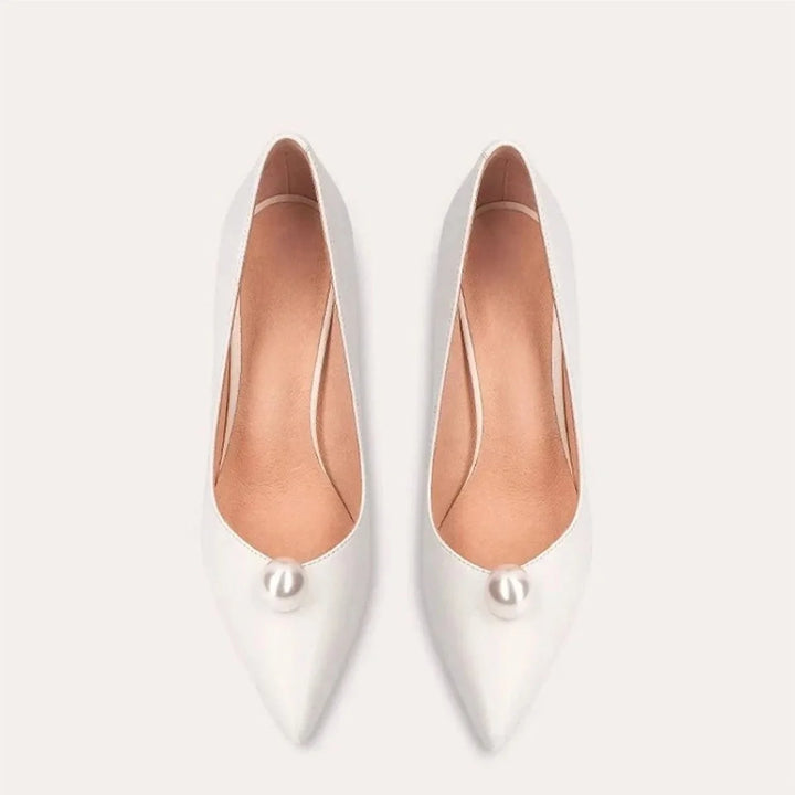 Pair of white satin pointed-toe slip-on pumps with pearl ornament and gold stiletto heel