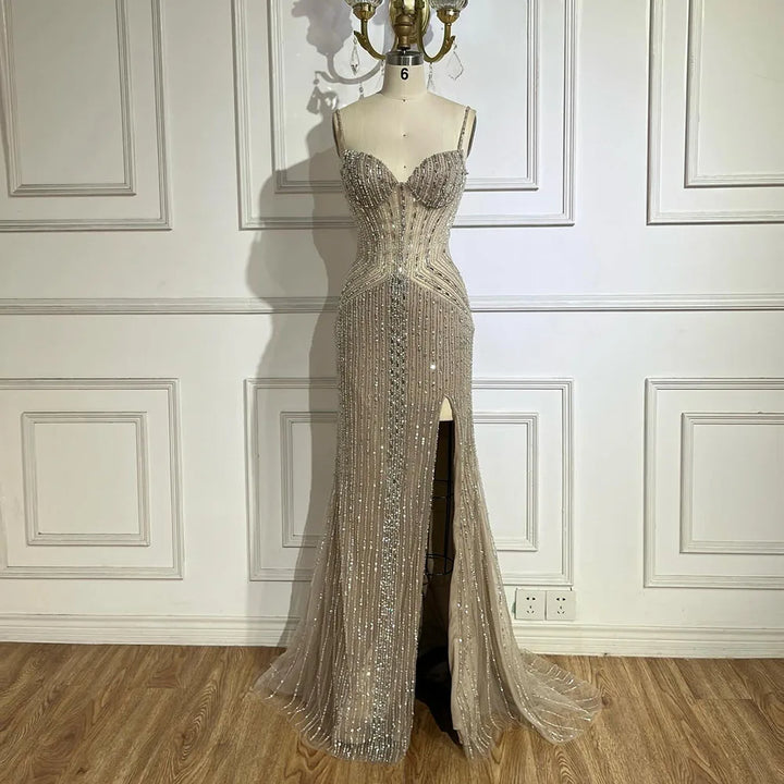 High Split Spaghetti Strap Arabic Evening Gown