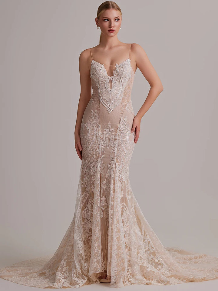 Elegant Suspender Deep V-backless Wedding Dress