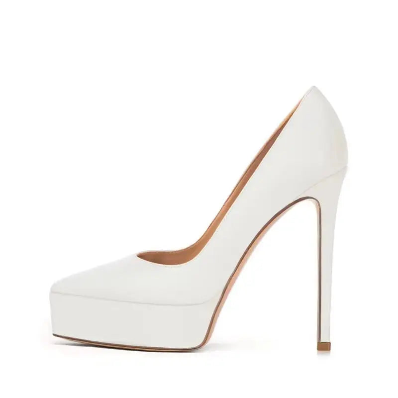 White high-heel PU pump with pointed toe and tall stiletto heel