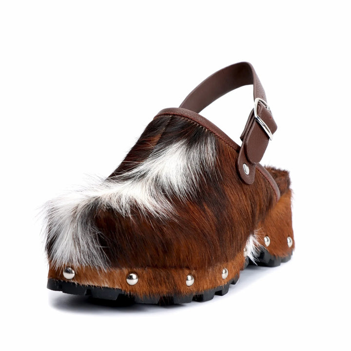 Adjustable Natural Calf Hair Studded Mules