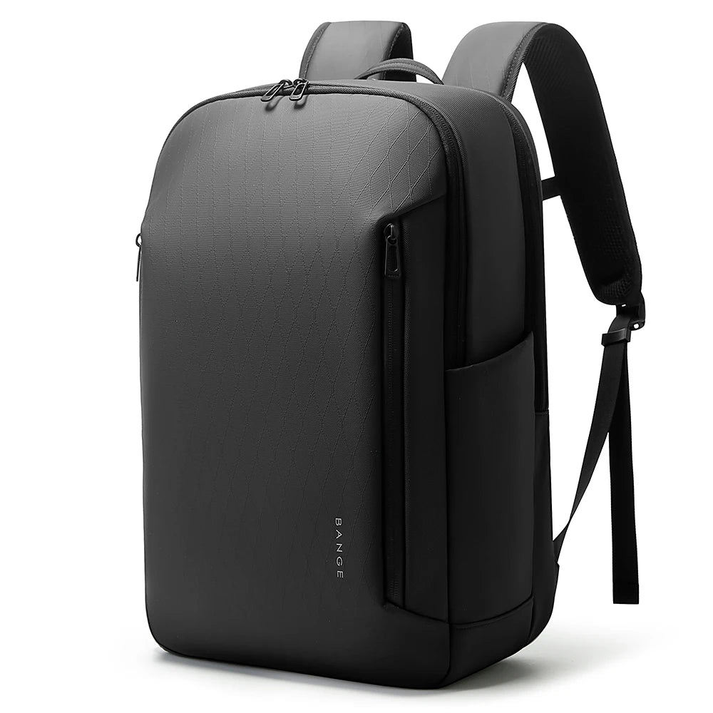 Dark gray/black textured business backpack with top handle, front zip pocket, and shoulder straps