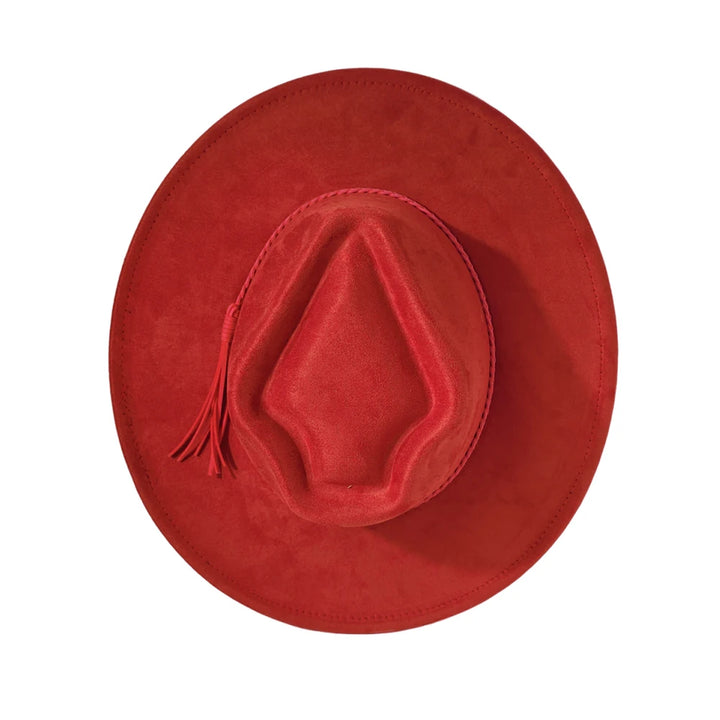 Red suede women’s arrow top hat with raised crown panel and tassel detail