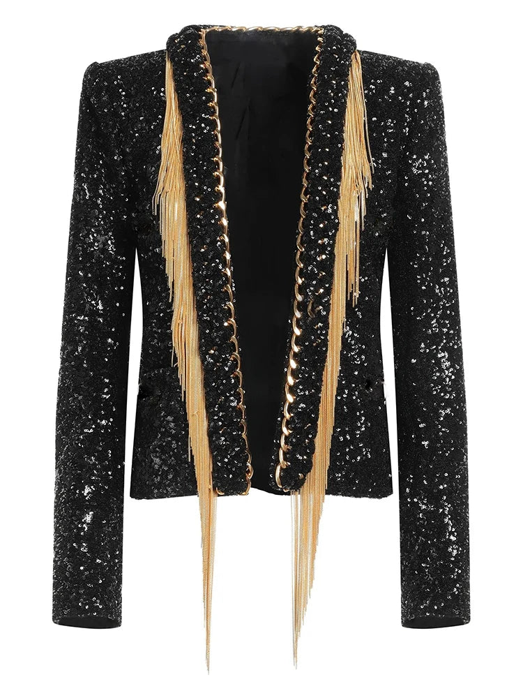 Black sequined open jacket with gold tassel trim and long fringe at front edges