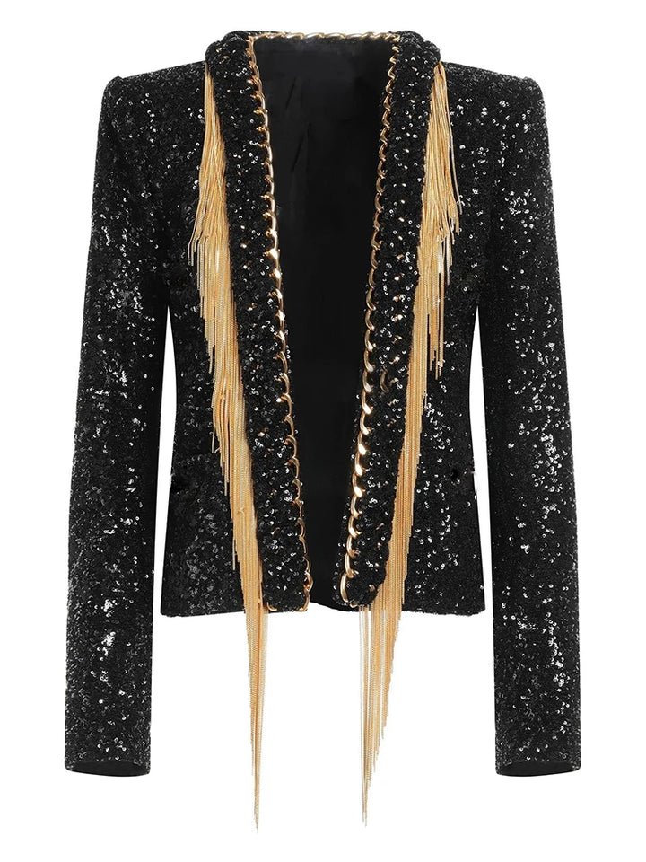 Black sequined open jacket with gold tassel trim and long fringe at front edges