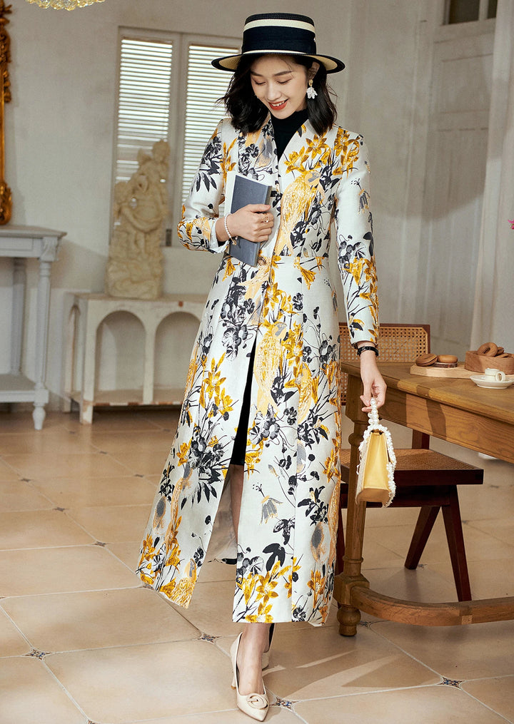 Stunning Floral Jacquard Fit Up Trench Coat