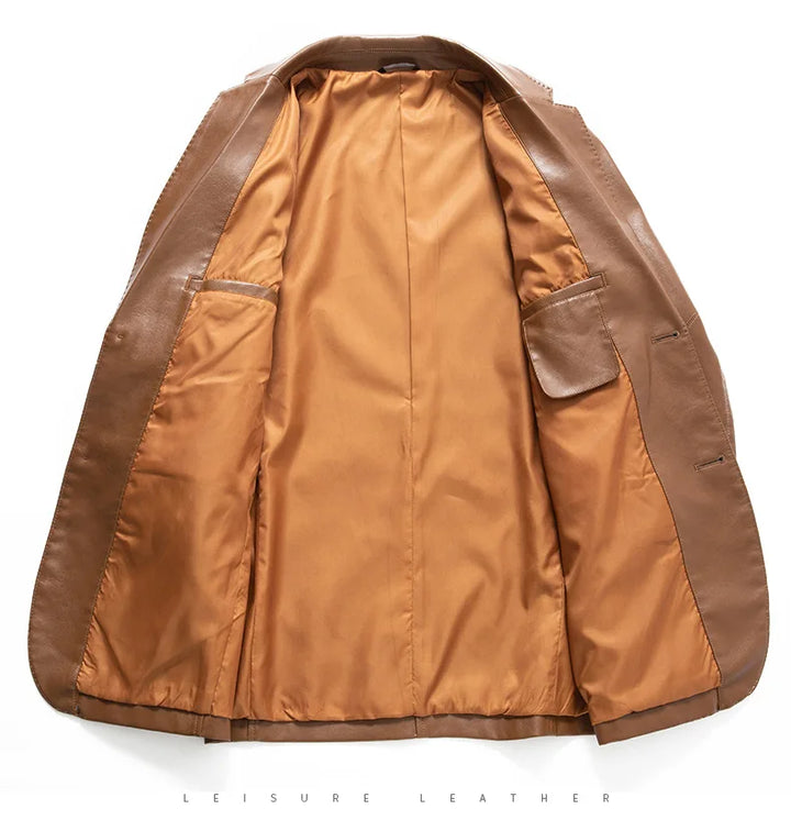 Tan-brown faux leather biker coat interior lining with open front and inner pockets