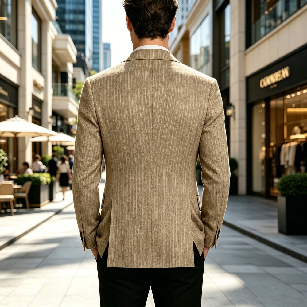 Men's beige linen blazer back view with center seam and two-button cuff detail