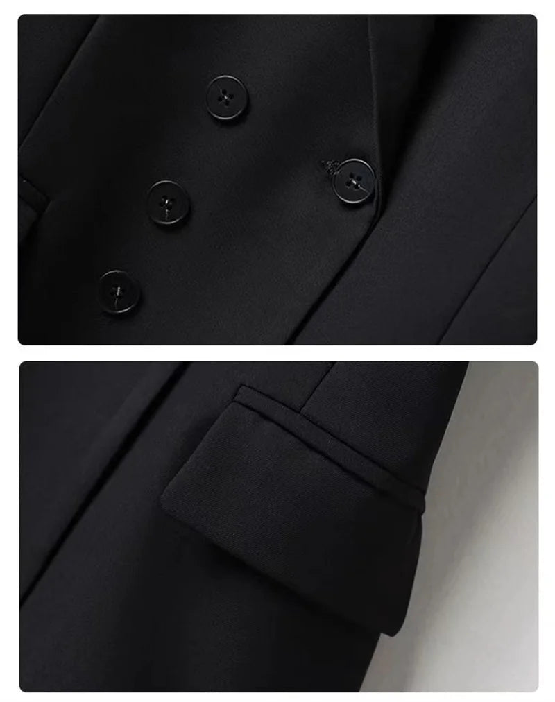 Black sleeveless blazer vest close-up of round buttons and side flap pocket