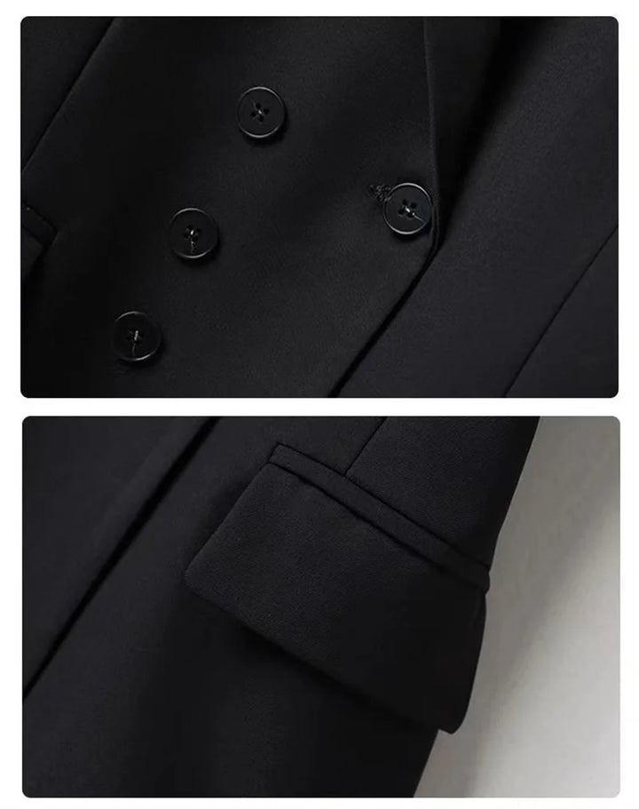 Black sleeveless blazer vest close-up of round buttons and side flap pocket