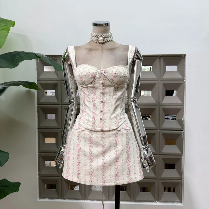 Pink floral print mini skirt set with corset bodice and straight mini skirt
