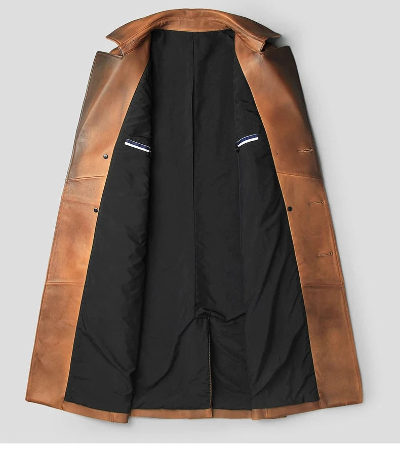 Vintage Natural Sheepskin Leather Long Coat