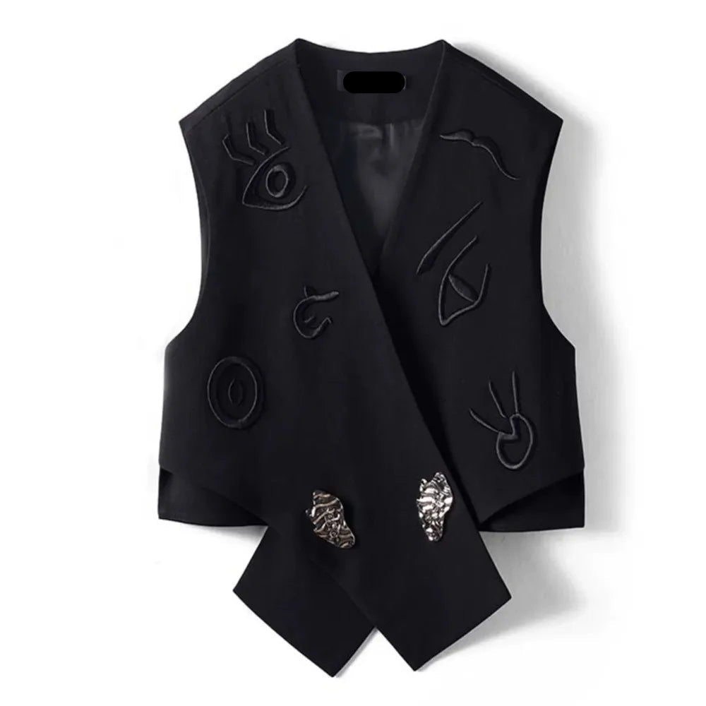 Black women's irregular suit waistcoat vest with V-neck and embroidered icon details