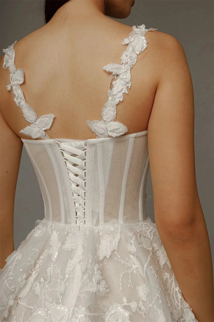 Refined 3D Floral Lace Mini Wedding Dress