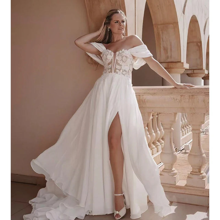 Charming Chiffon Lace Slit Bridal Gown