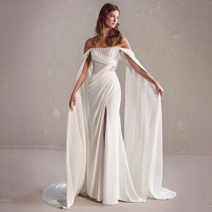 Elegant Crepe Sheath Wedding Gown With Pleated Detachable Waist