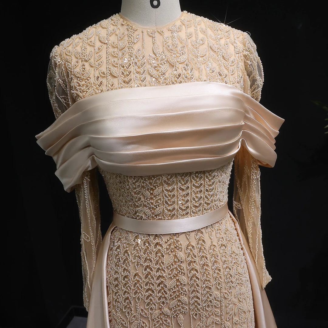 Regal Satin Train Pleated Evening Gown