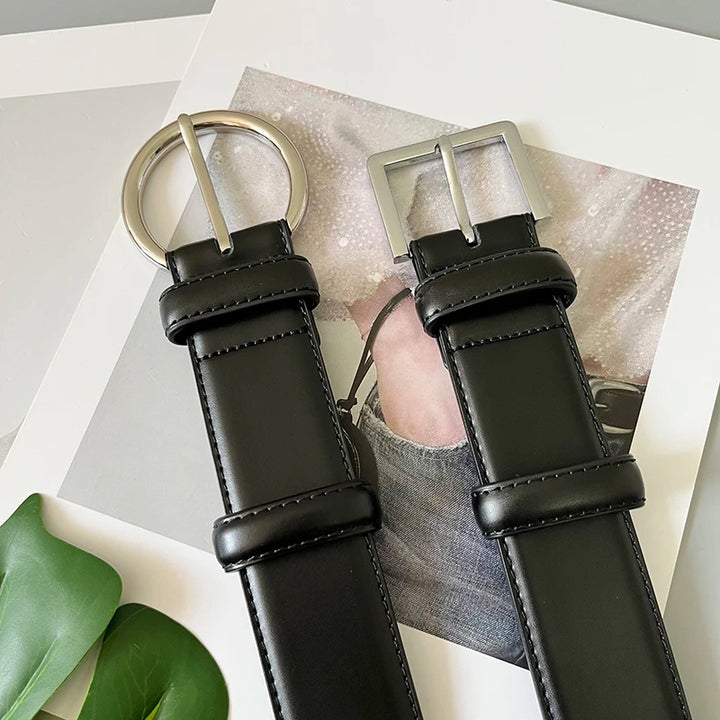 Black wide leather corset belt with metal rings and multi-layer strap stitching