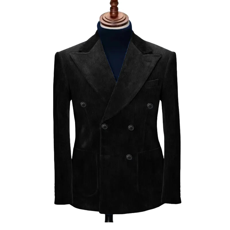 Black men’s double-breasted formal blazer with notched lapels and long sleeves