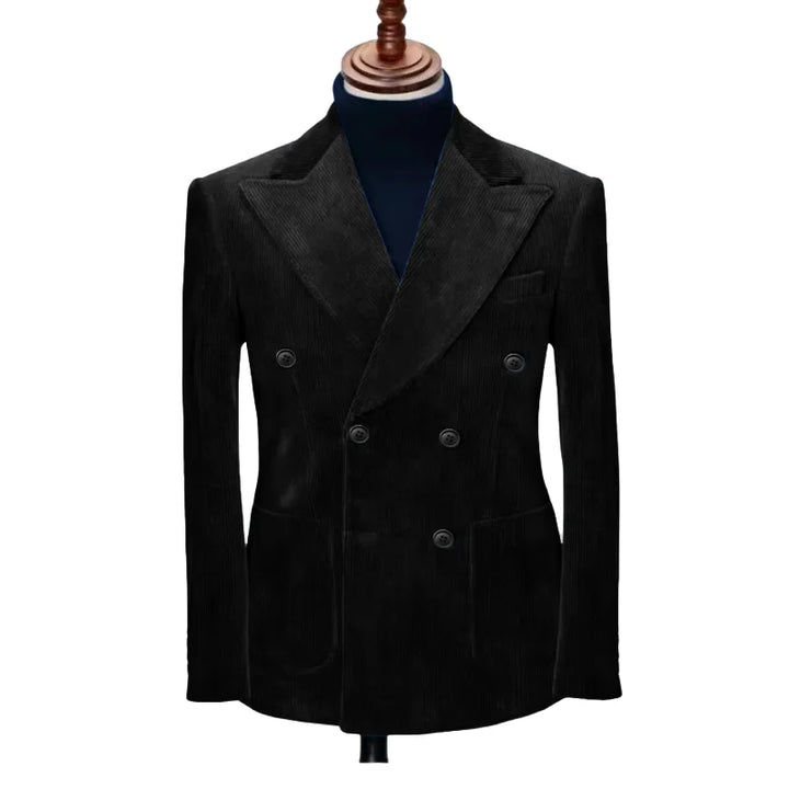 Black men’s double-breasted formal blazer with notched lapels and long sleeves